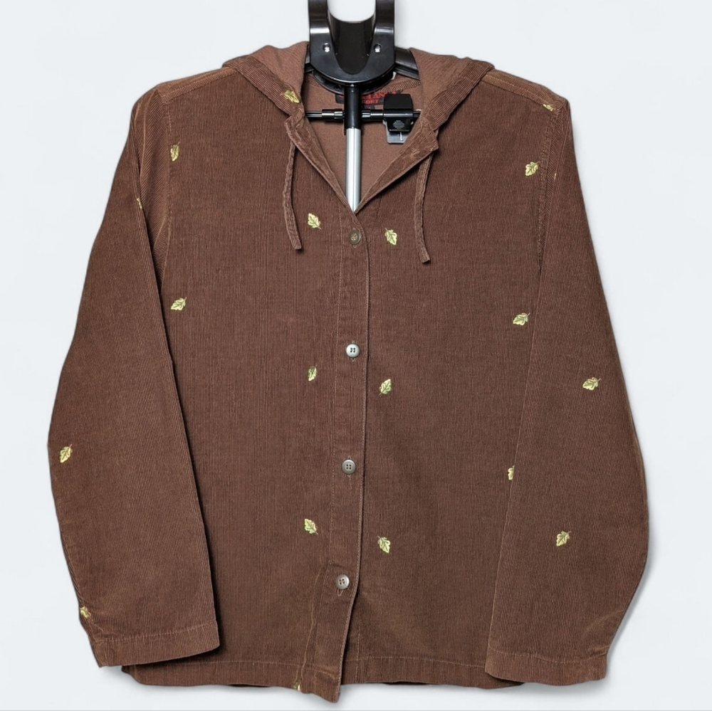 Vintage Corduroy Button Up Hoodie Casablanca Sport Brown 90s Leaf Embroidery - Picture 3 of 13